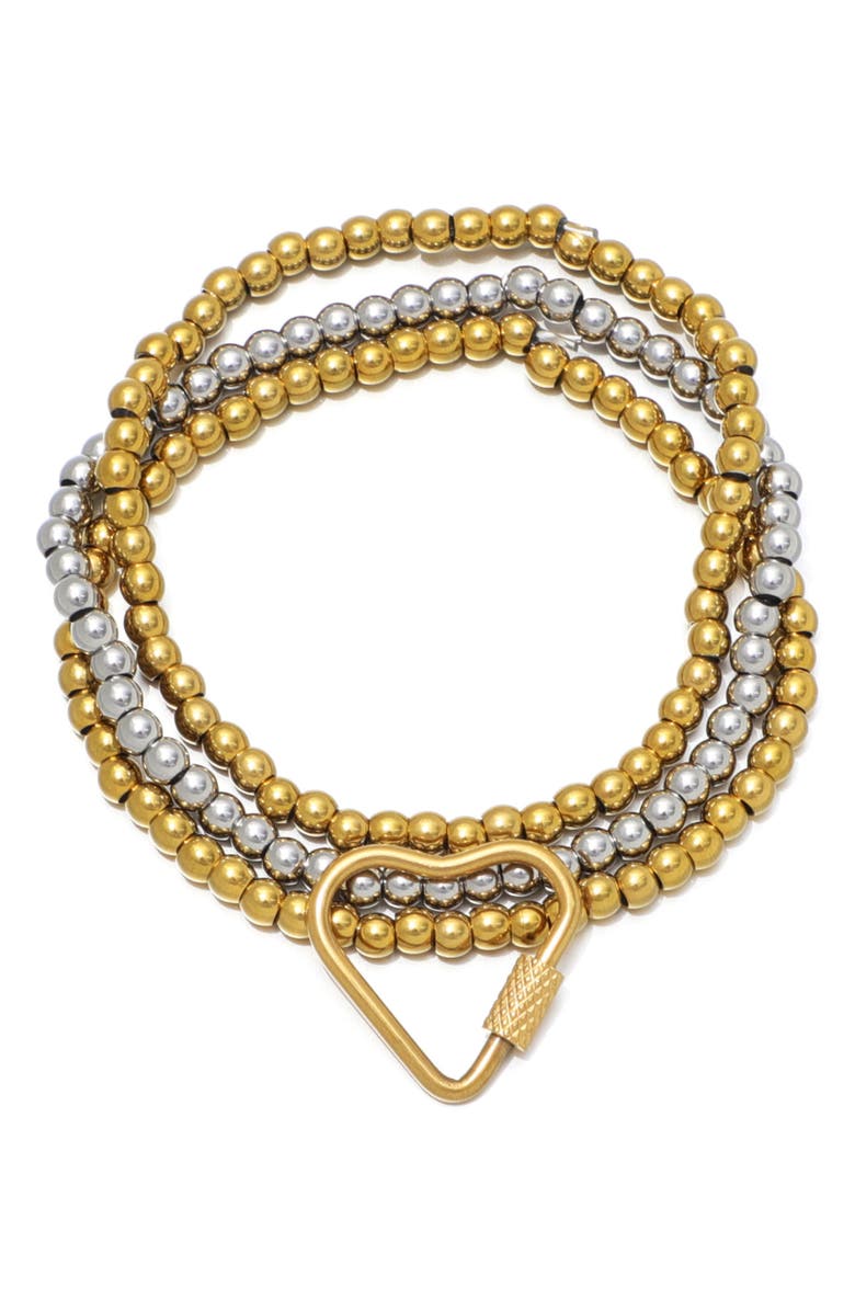 Adornia Set of 3 Two-Tone Heart Carabiner Beaded Stretch Bracelets, Alternate, color, Gold/ Silver