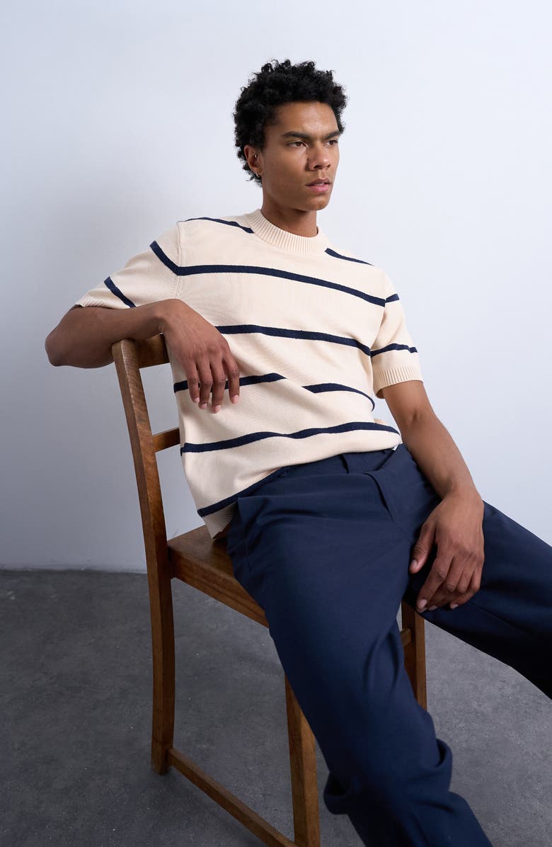 Topman Classic Fit Stripe Short Sleeve Sweater, Alternate, color, Cream