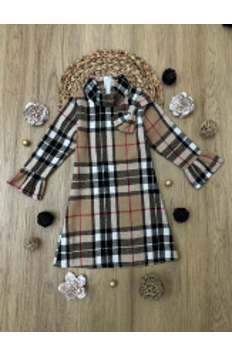 Mia Belle Girls Classic Plaid Long Sleeve Shift Dress, Alternate, color, Brown