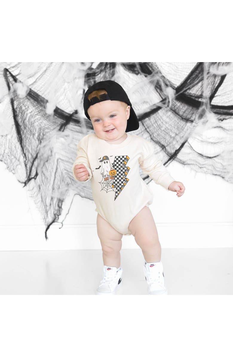 Sweet Wink Checker Ghost Halloween Long Sleeve Romper, Alternate, color, 