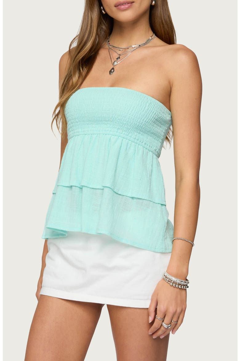 Harleigh Strapless Smocked Cotton Top, Alternate, color, TURQUOISE