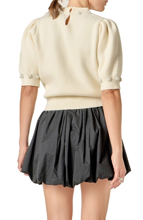 English Factory Faux Pearl Embellished Short Sleeve Sweater In Neutral