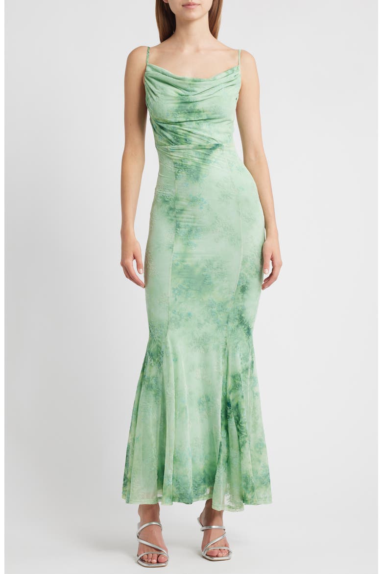 Floral Burnout Godet Pleat Maxi Dress, Main, color, GREEN