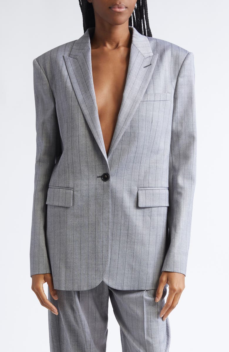 Stella McCartney Pinstripe Single Breasted Stretch Wool Jacket, Main, color, Grey