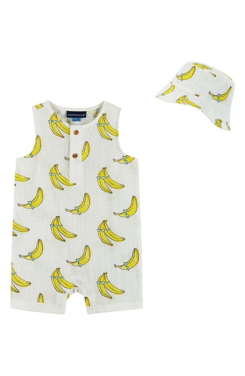 Andy & Evan Banana Romper & Bucket Hat Set, Main, color, 