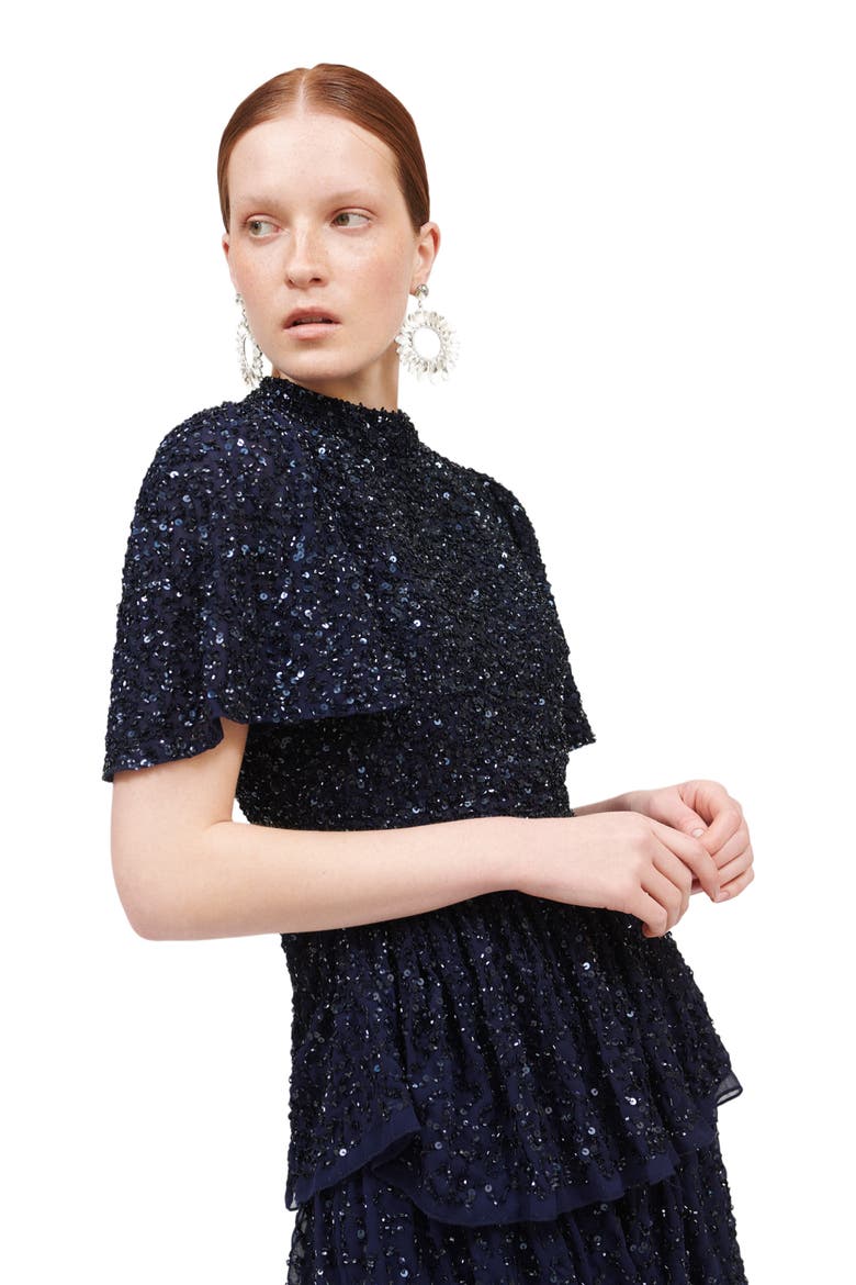 Occasion Embellished Sequin Beaded Evening Midi Dress, Alternate, color, MID NIGHT BLUE