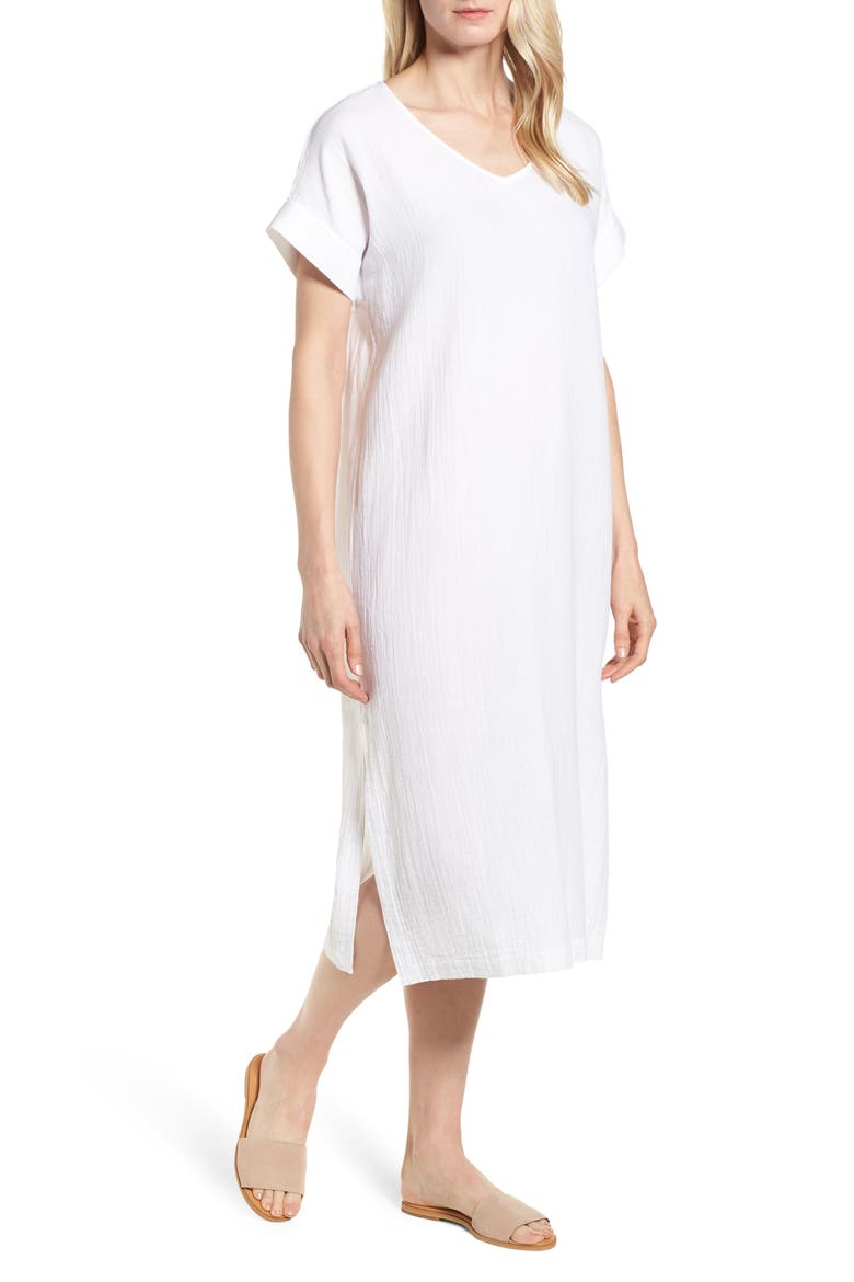 V-Neck Cotton Midi Dress, Main, color, WHITE