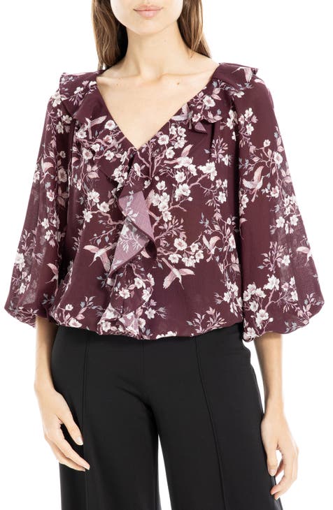 Floral Print Ruffle Neck Blouse