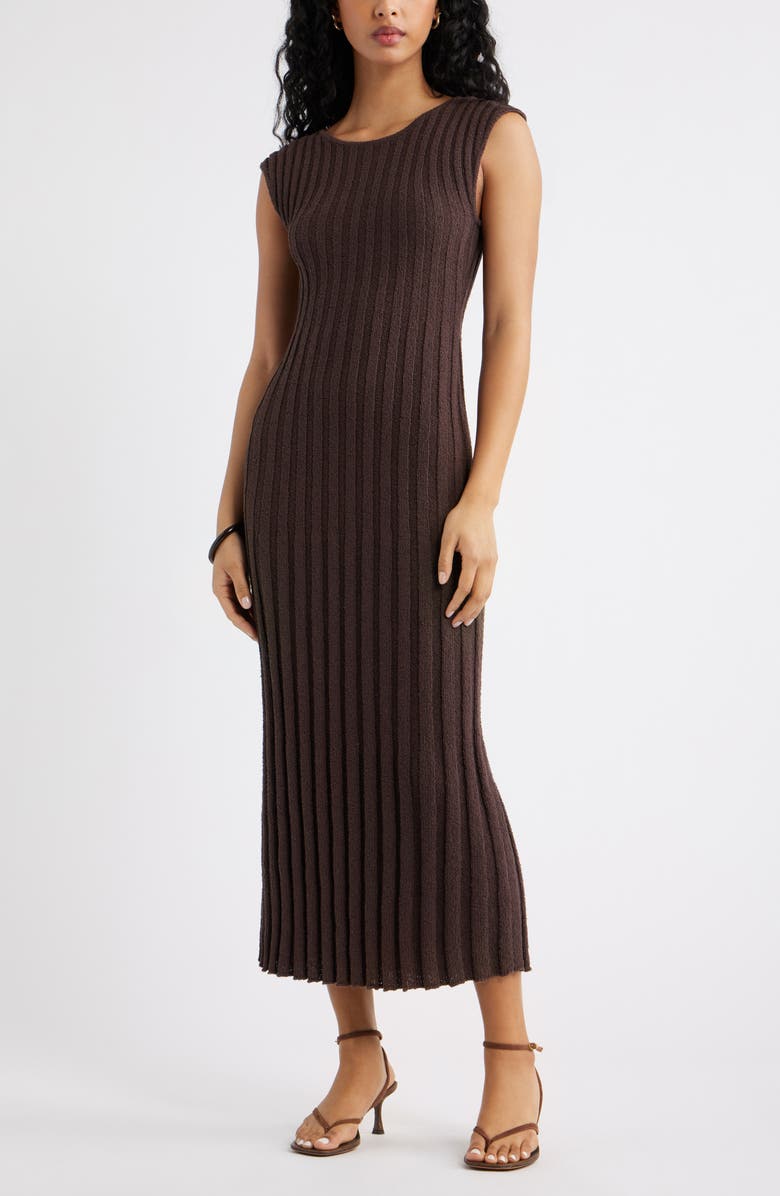 Open Edit Tie Back Cap Sleeve Linen Blend Rib Sweater Dress, Main, color, Brown Seal