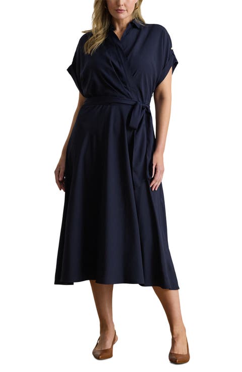 Wrap Bodice Crêpe de Chine Midi Dress (Plus)
