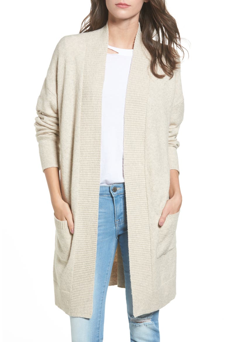 Rib Trim Long Cardigan, Main, color, BEIGE OATMEAL MEDIUM HEATHER