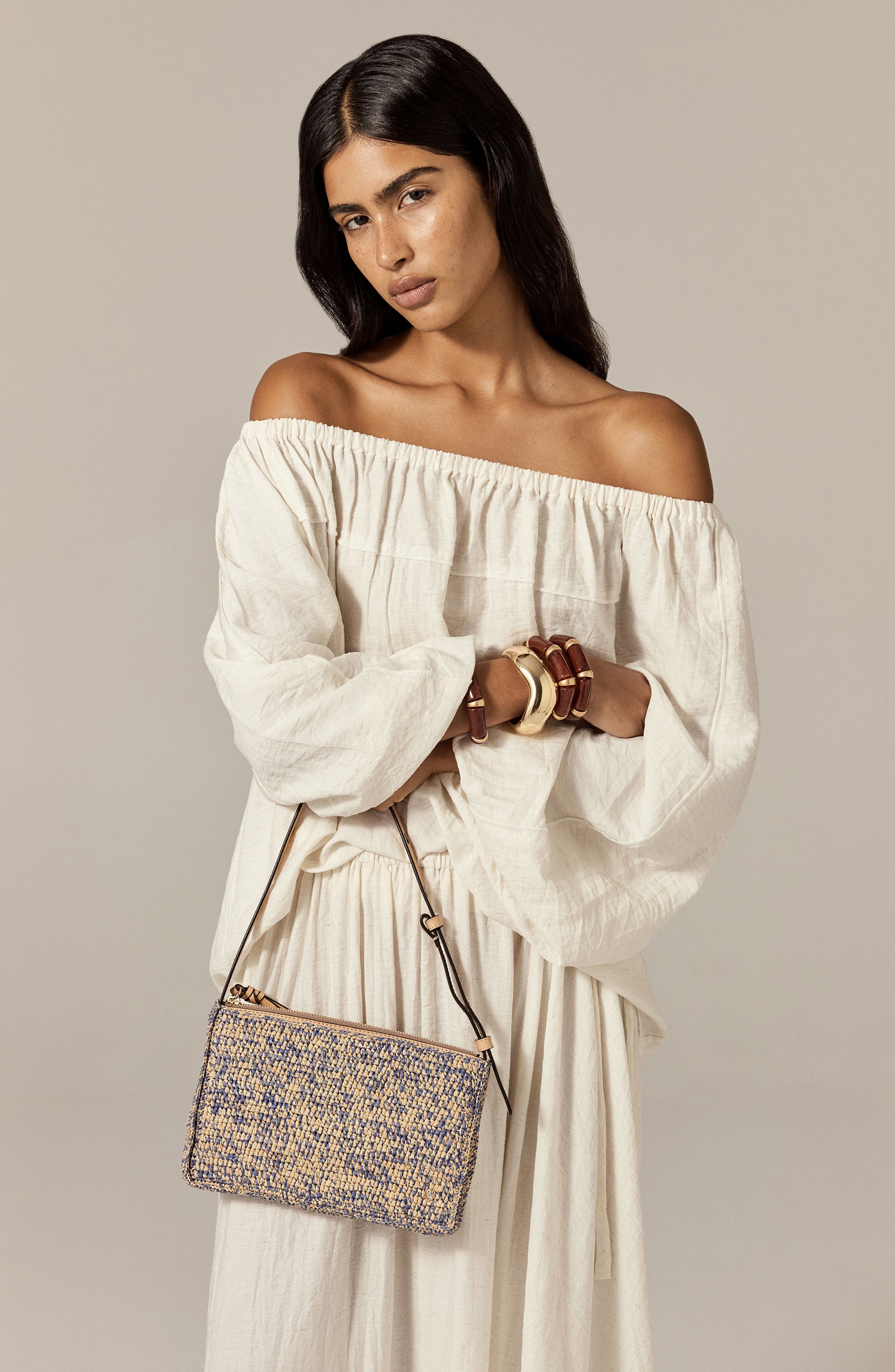 Kumana Raffia Shoulder Bag, Alternate, color, LAPIS MELANGE/ BEIGE