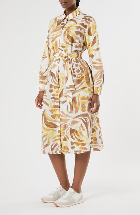 Voyage Collection Print Long Sleeve Stretch Poplin Shirtdress (Plus)