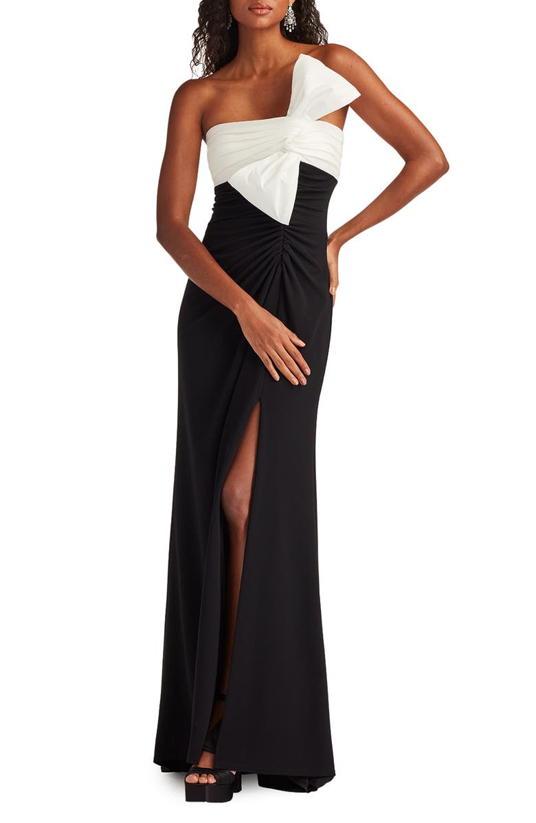 Tadashi Shoji Taffeta Bow One-Shoulder Gown, Main, color, Black/ White