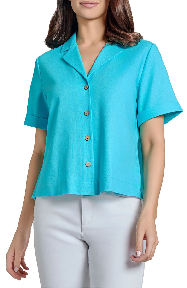 Jones New York Short Sleeve Linen Blend Button-Up Shirt, Main, color, 