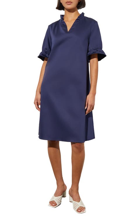 Ruffle Trim Cotton Poplin Shift Dress
