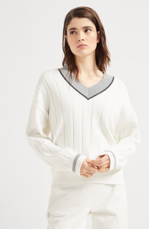 Brunello Cucinelli White T-shirt With V Neck And Monil Detail On The Collar In Panama
