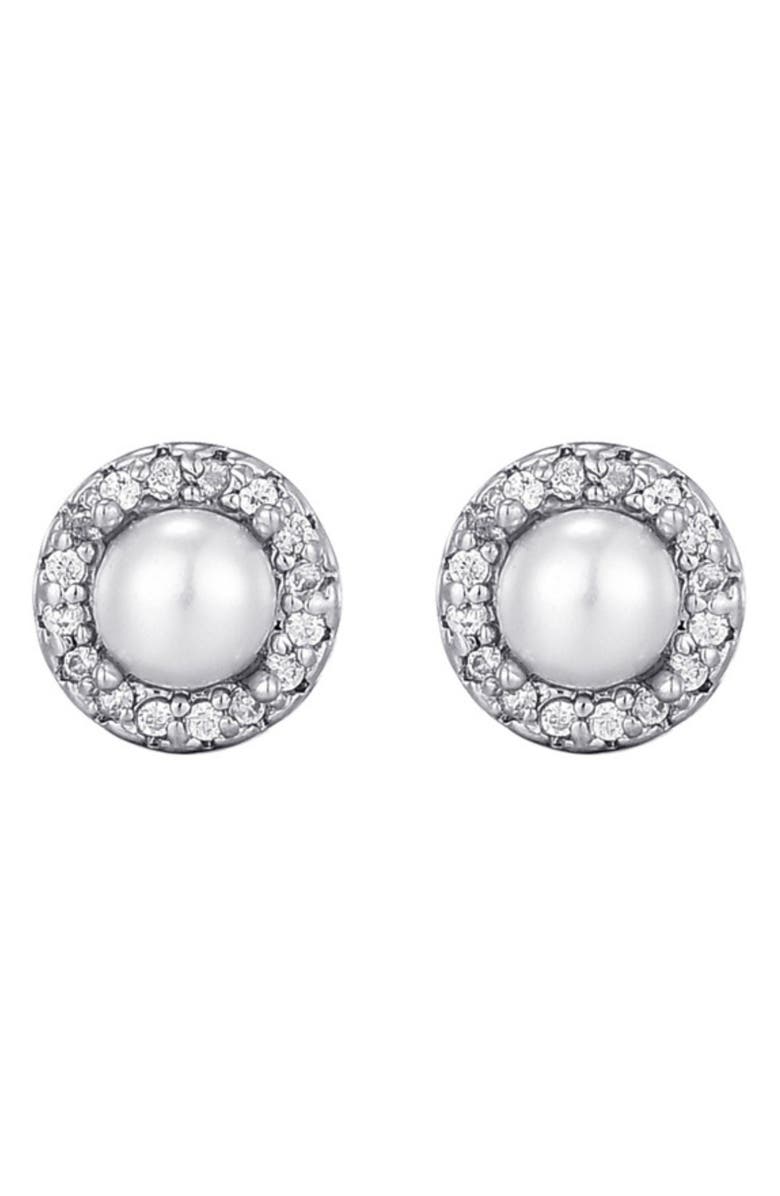 Adornia Pavé Halo Freshwater Pearl Stud Earrings, Alternate, color, Silver