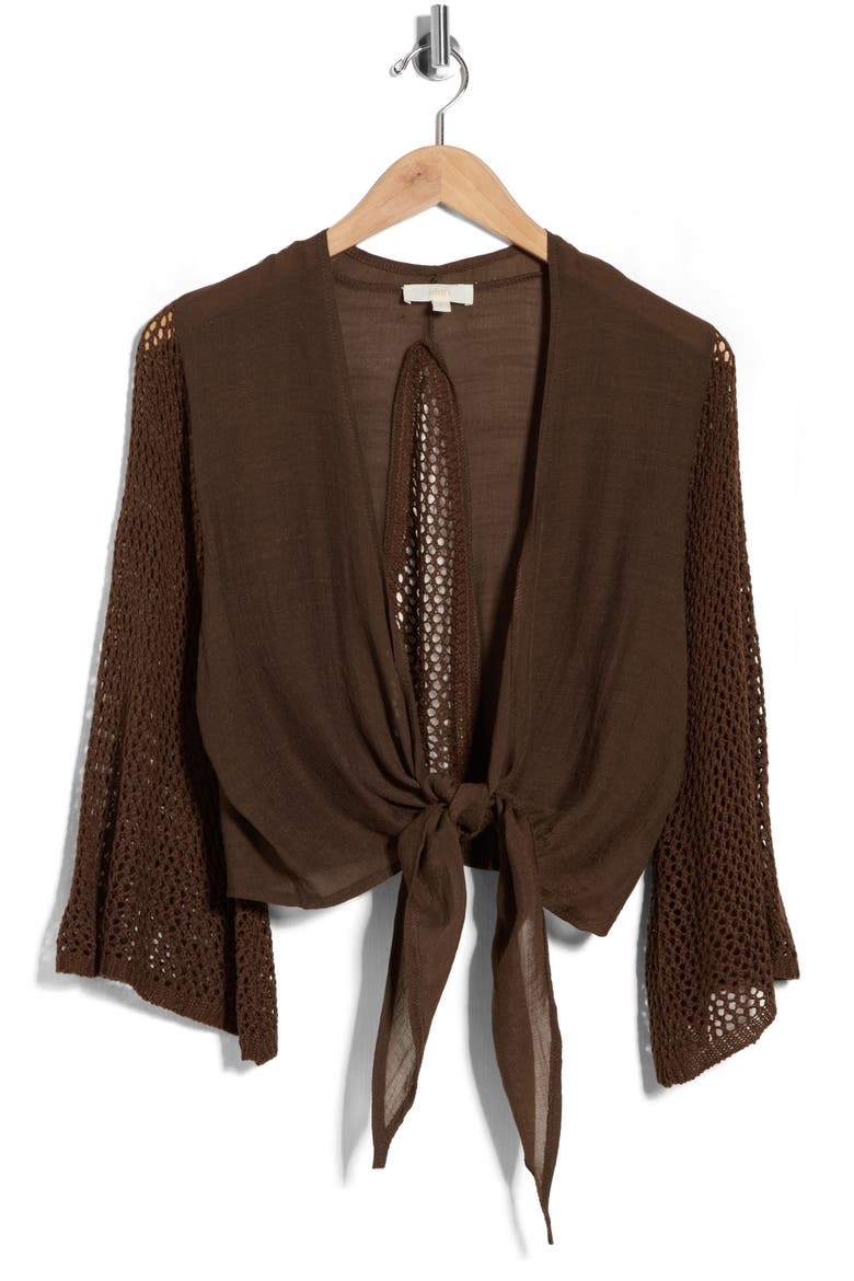 Tie Front Bell Sleeve Cover-Up Top, Alternate, color, CHOCOLATE