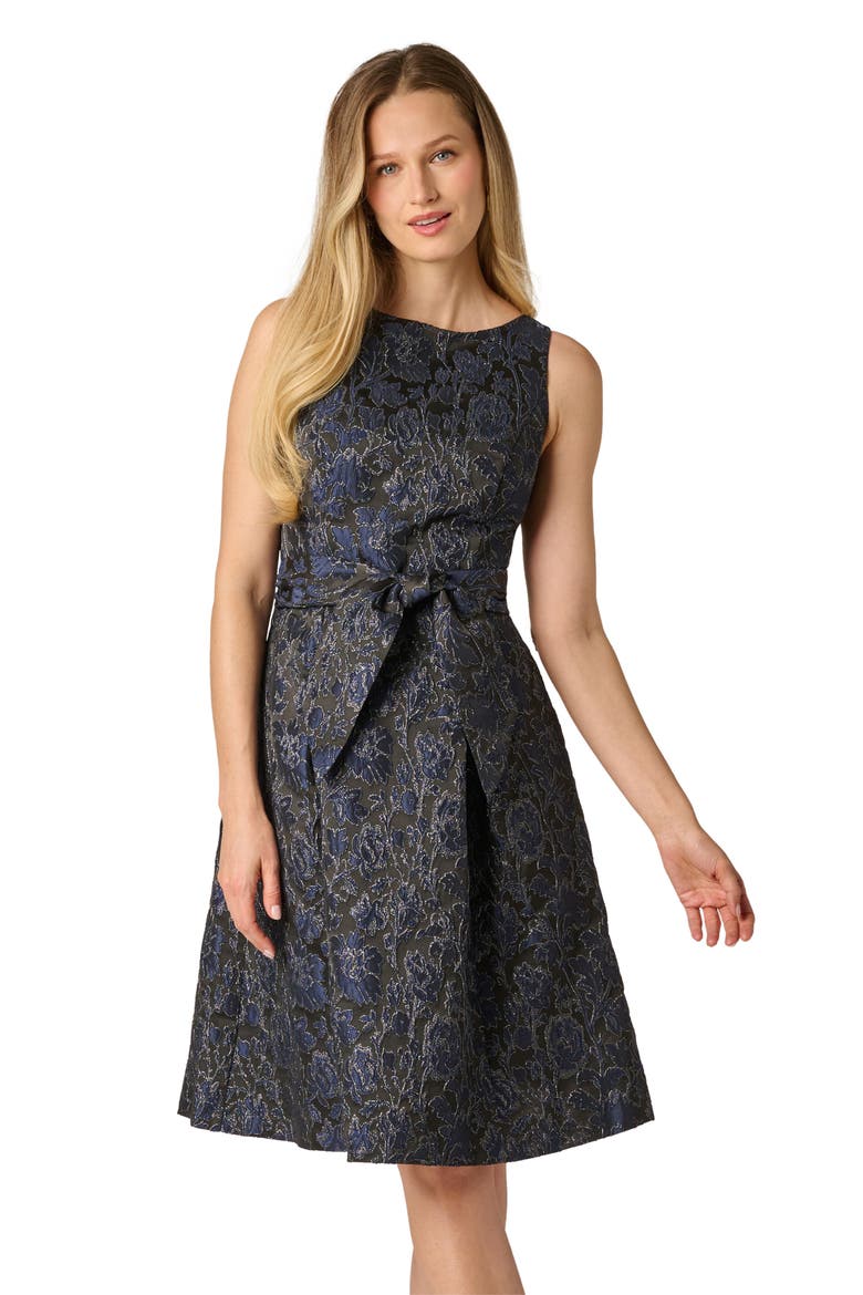 Floral Jacquard Sleeveless Tie Front Dress, Alternate, color, BLACK/ NAVY