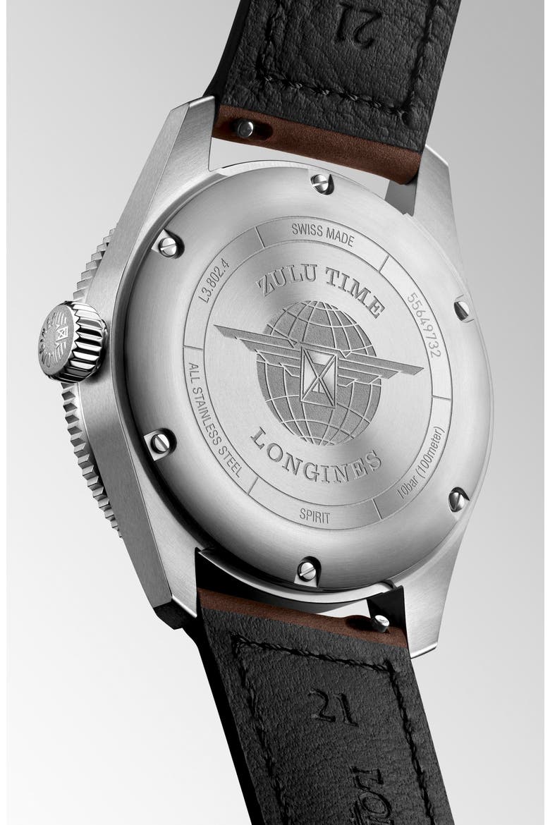 Spirit Zulu Time GMT Automatic Leather Strap Watch, 39mm, Alternate, color, BLACK