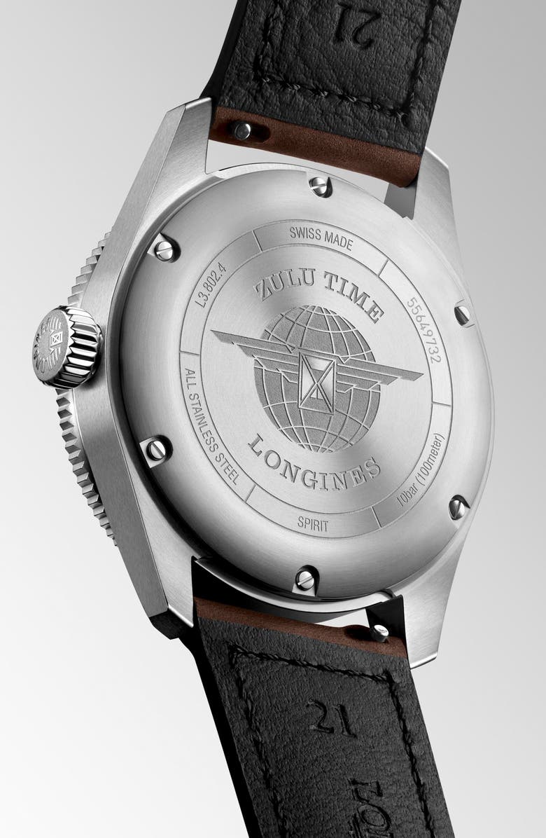 Longines Spirit Zulu Time GMT Automatic Leather Strap Watch, 39mm, Alternate, color, Black