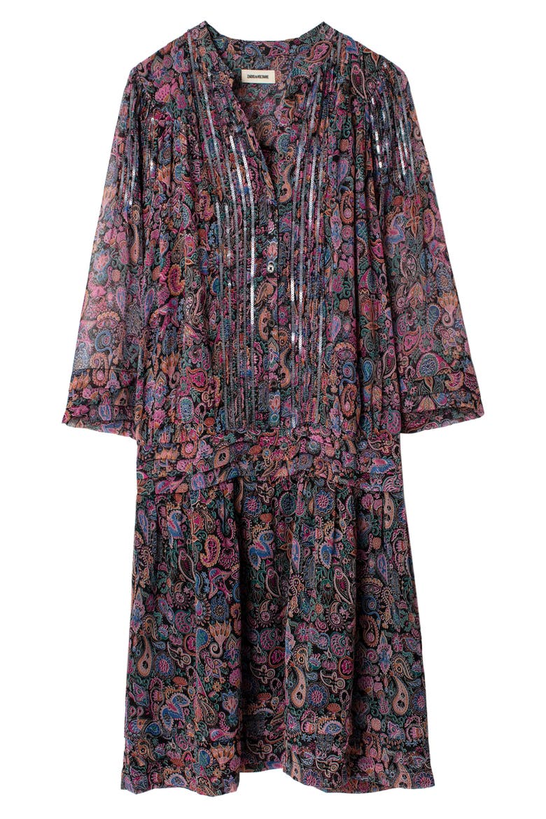 Rimo Mandala Sequin Trim Floral Dress, Alternate, color, NOIR