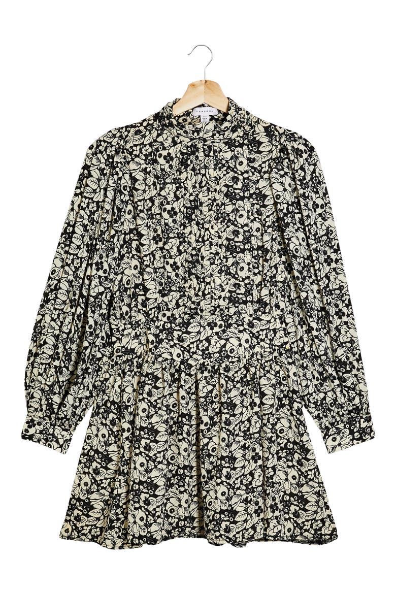 Pintuck Mock Neck Long Sleeve Minidress, Alternate, color, BLACK MULTI
