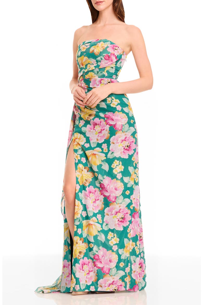 Lulu Metallic Floral Strapless Gown, Alternate, color, PINE MULTI
