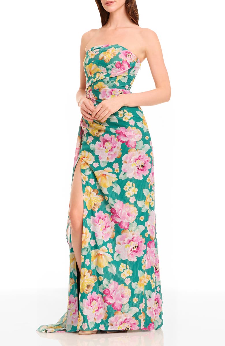 Dress the Population Lulu Metallic Floral Strapless Gown, Alternate, color, Pine Multi