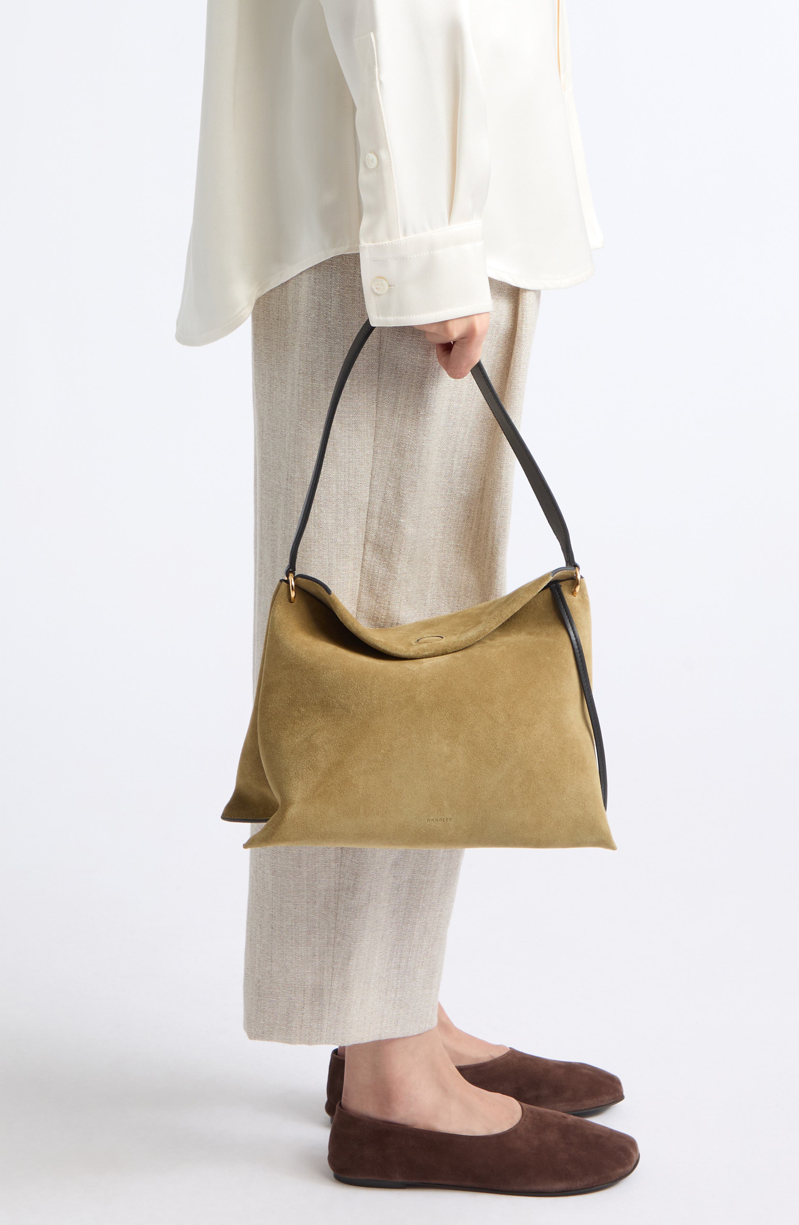 Small Penelope Slouch Suede Shoulder Bag, Alternate, color, KHAKI SUEDE / BLACK