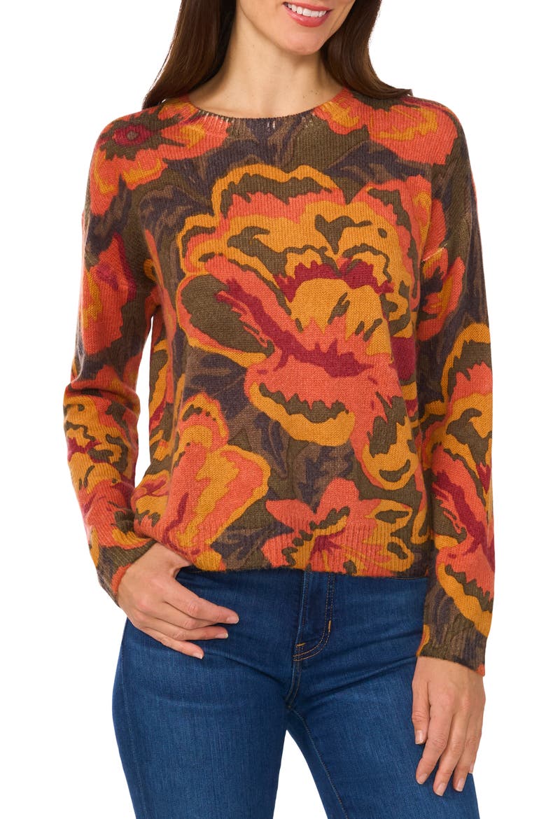 Crewneck Sweater, Main, color, DARK OLIVE FLORAL
