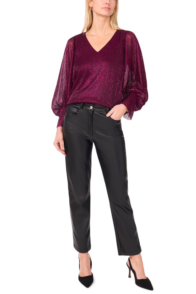 Metallic Blouson V-Neck Top, Alternate, color, RICH PURPLE