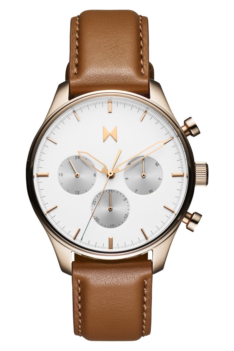 Airhawk Chronograph Leather Strap Watch, 42mm, Main, color, BROWN