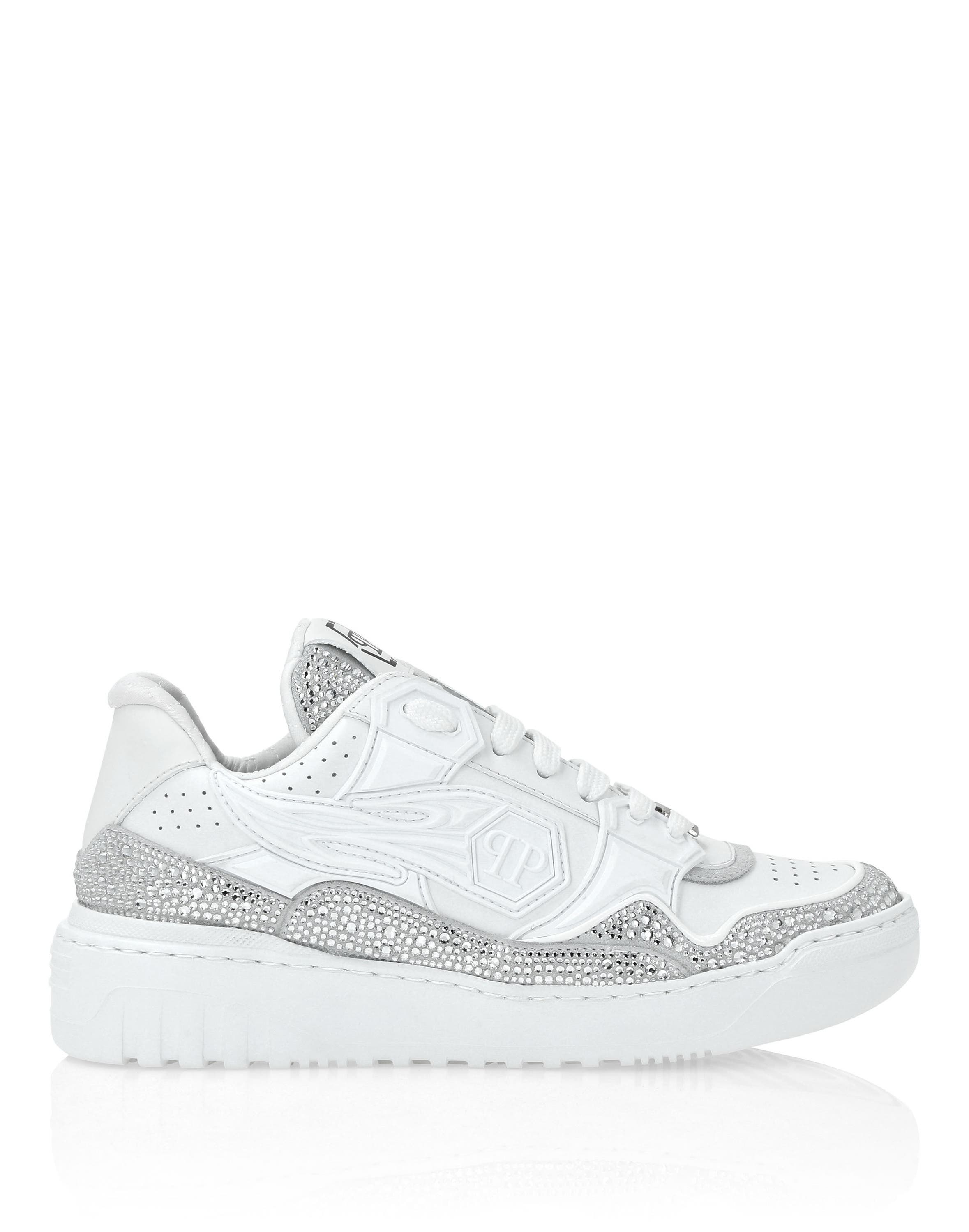 Mix Leather Lo-Top Sneakers Strass Hexagon Rhinestone Women, Alternate, color, white