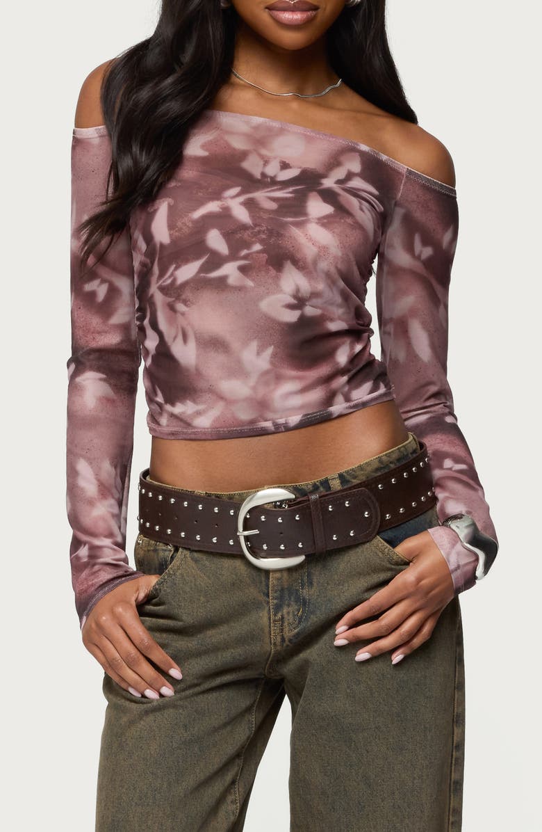 EDIKTED Sheer Mesh Off the Shoulder Top, Main, color, 