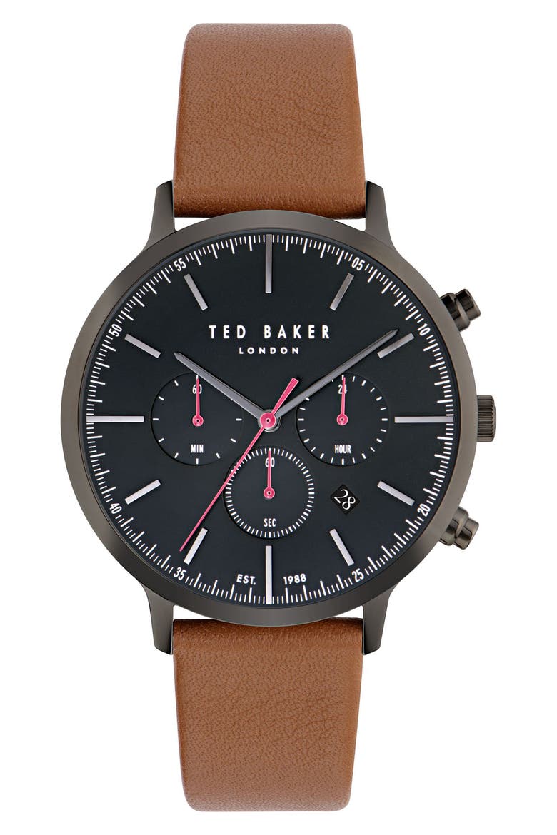 Haarvin Chronograph Leather Strap Watch, 44mm, Main, color, BROWN/ BLACK