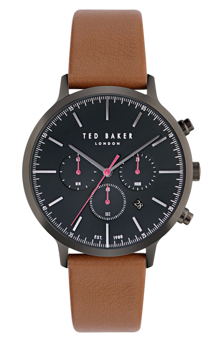 Ted Baker Haarvin Chronograph Leather Strap Watch, 44mm, Main, color, Brown/ Black