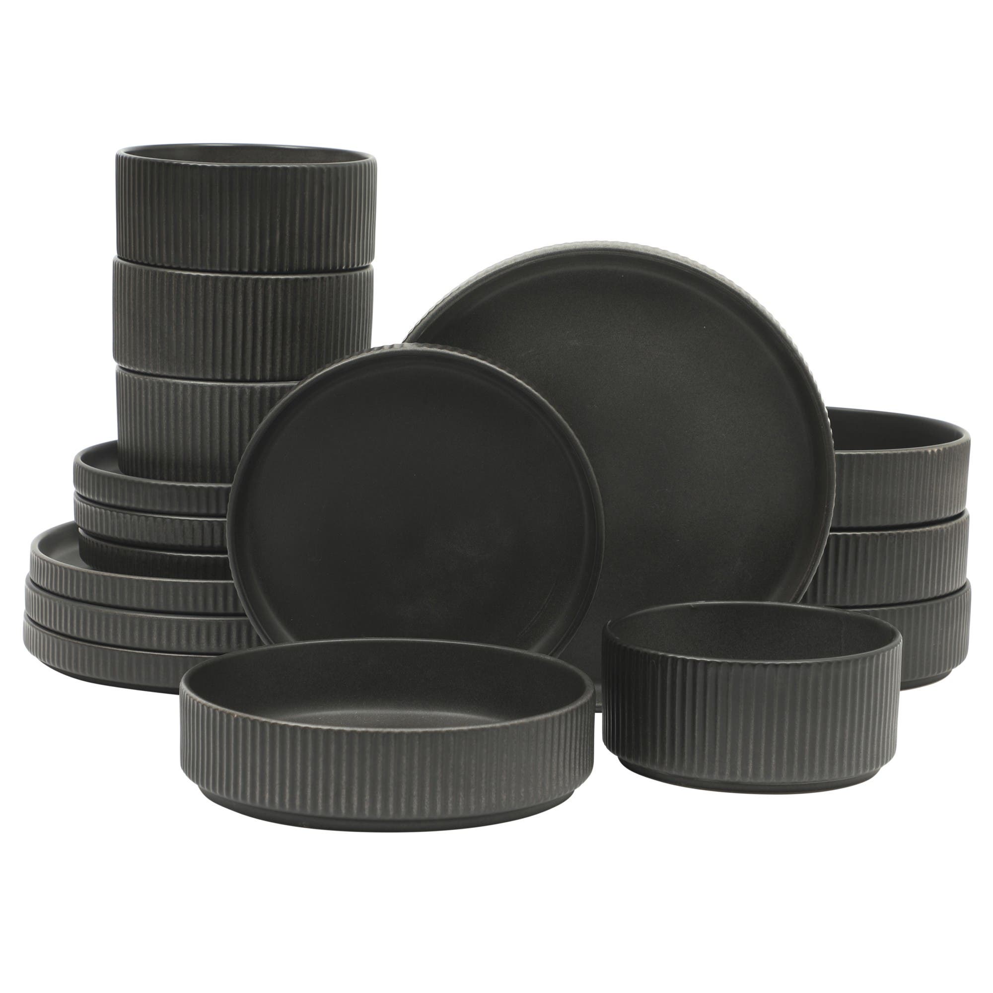 Gibson Elite 16 Piece Reactive Glaze Stoneware Plates And Bowls Dinnerware Set In Black