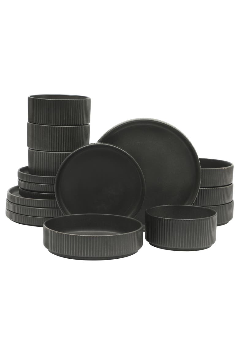 16 Piece Reactive Glaze Stoneware Plates and Bowls Dinnerware Set, Main, color, Black