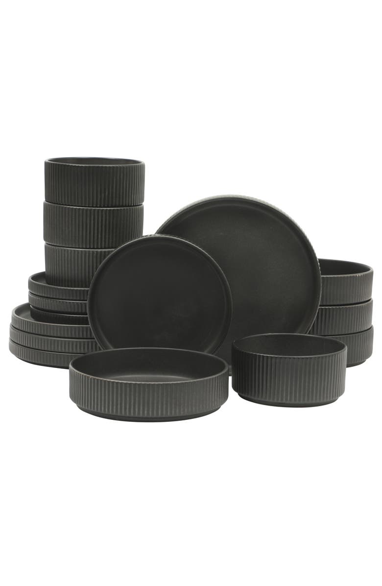 Gibson Elite 16 Piece Reactive Glaze Stoneware Plates and Bowls Dinnerware Set, Main, color, Black