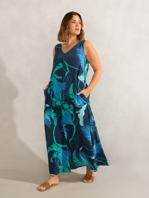 Abstract Leaf Print V-Neck Maxi Dress