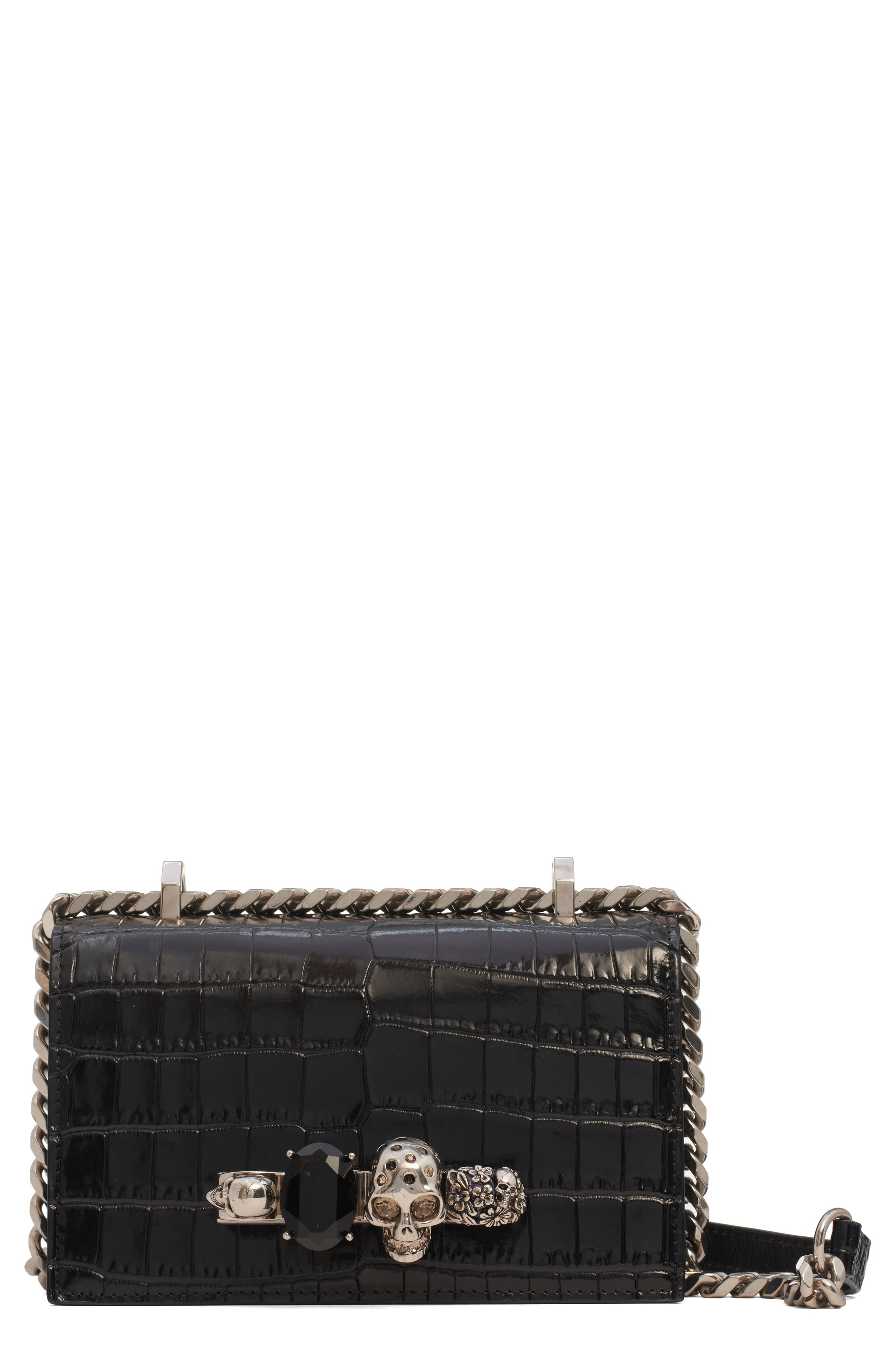 McQueen Mini Jeweled Croc Embossed Leather Crossbody Bag, Main, color, Black