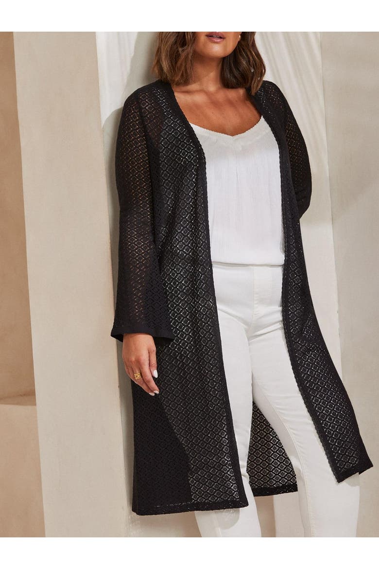 Longline Crochet Knit Cardigan, Alternate, color, Black