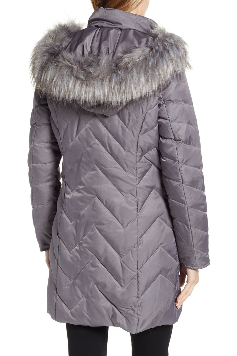 Matte Satin Chevron Faux Fur Trim Coat, Alternate, color, GREY