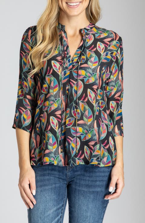 Print Tassel Split Neck Chiffon Top
