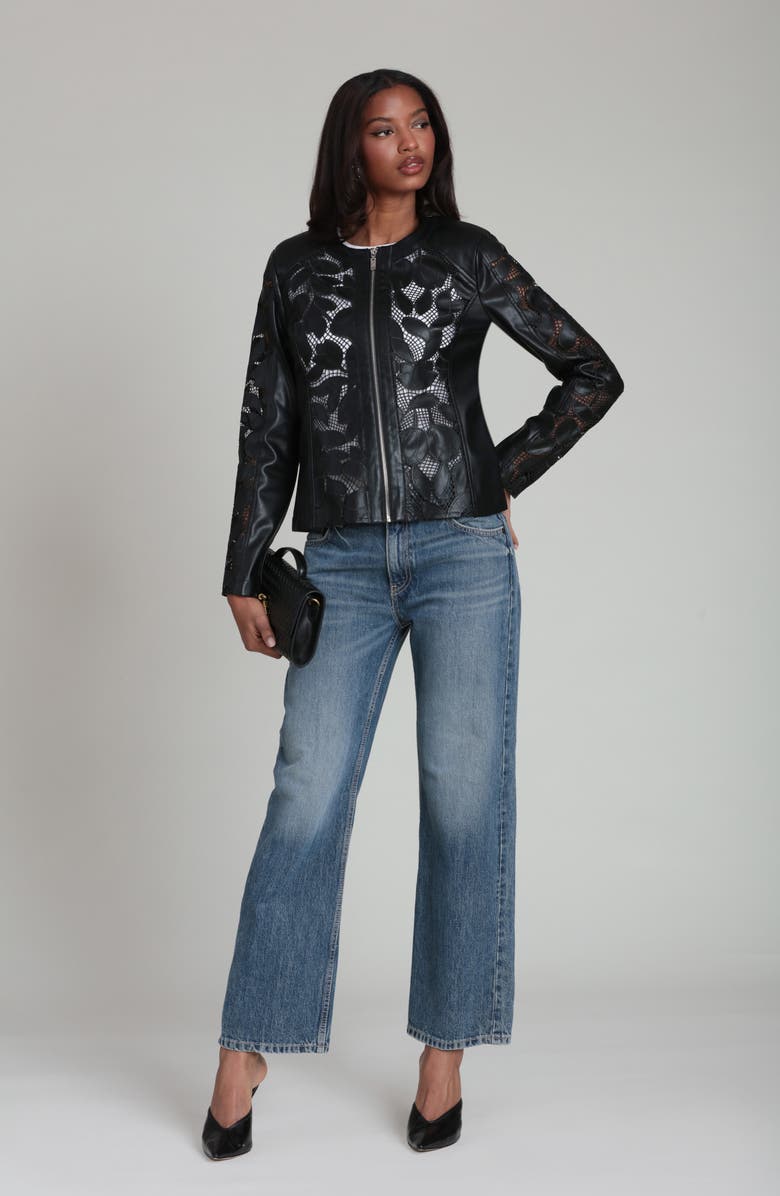 Bagatelle Embroidered Lace Faux Leather Moto Jacket, Alternate, color, Black