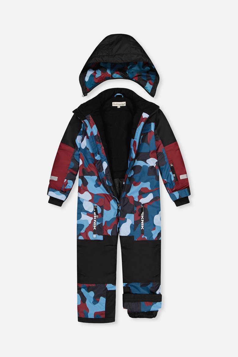 Teknik Camouflage Fleece Lined & Reinforced Knees One Piece Snowsuit, Alternate, color, Blue and Red Camouflage