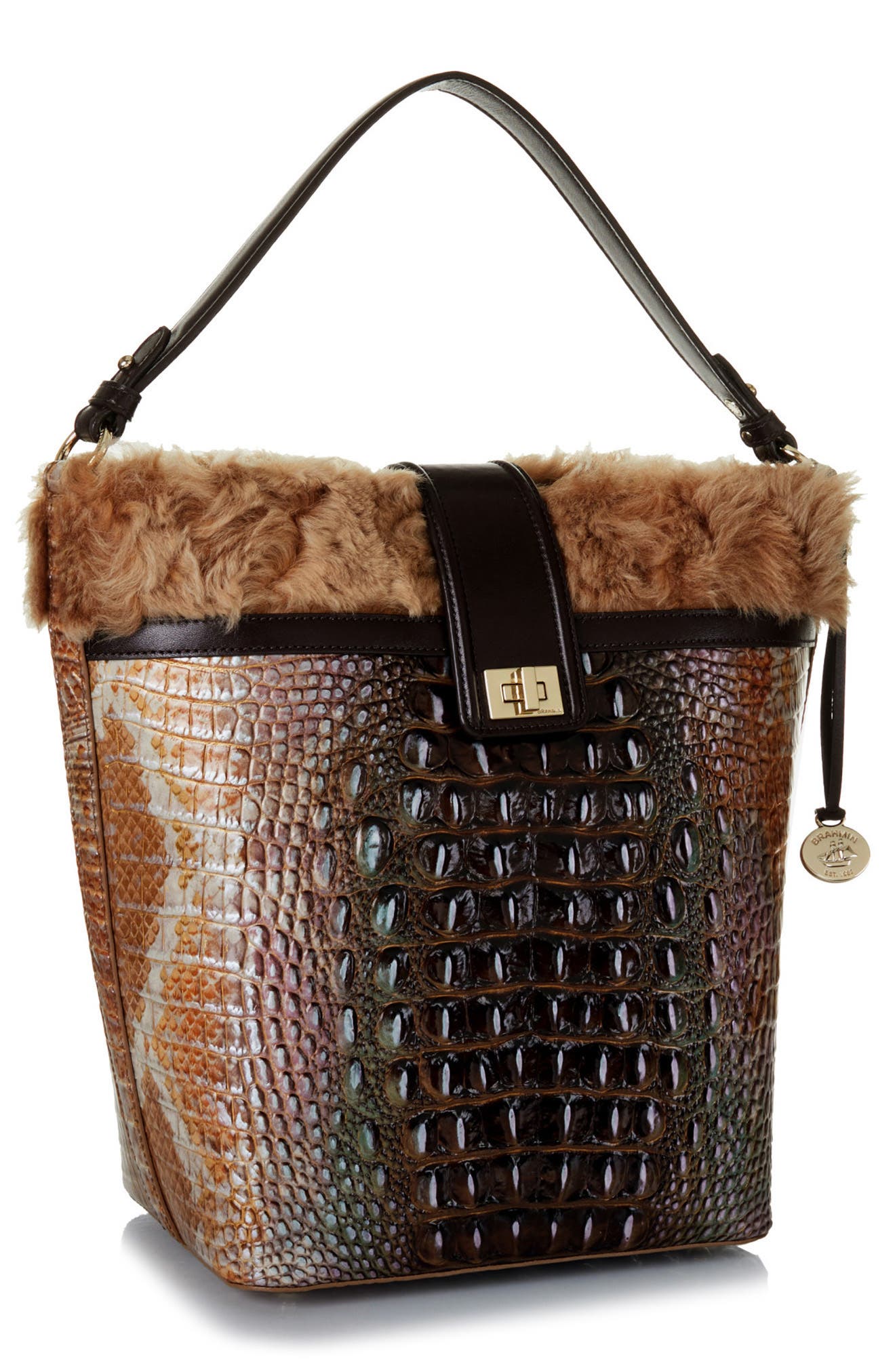 Brahmin Shira Genuine Shearling & Croc Embossed Leather Bucket Bag, Alternate, color, 