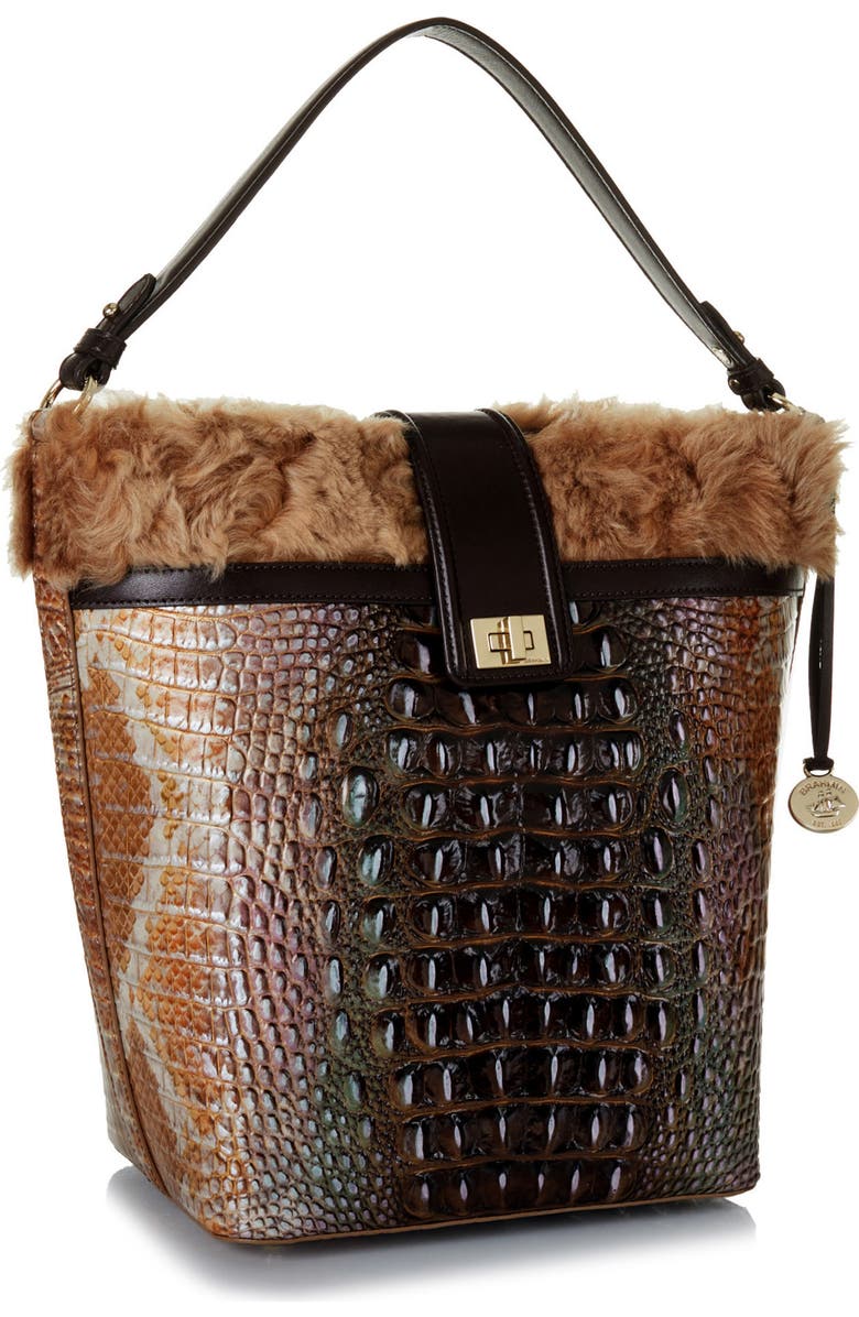 Brahmin Shira Genuine Shearling & Croc Embossed Leather Bucket Bag, Alternate, color,